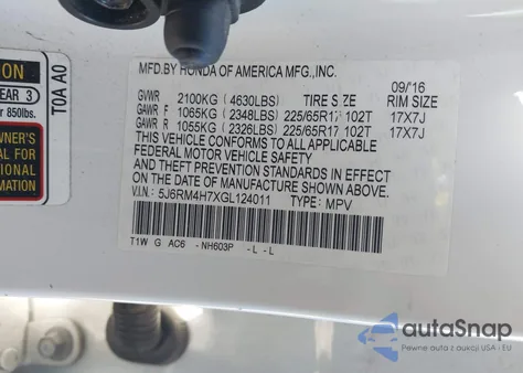 2016 Honda Cr-V Ex-L z USA, uszkodzony, nr VIN 5J6RM4H7XGL124011